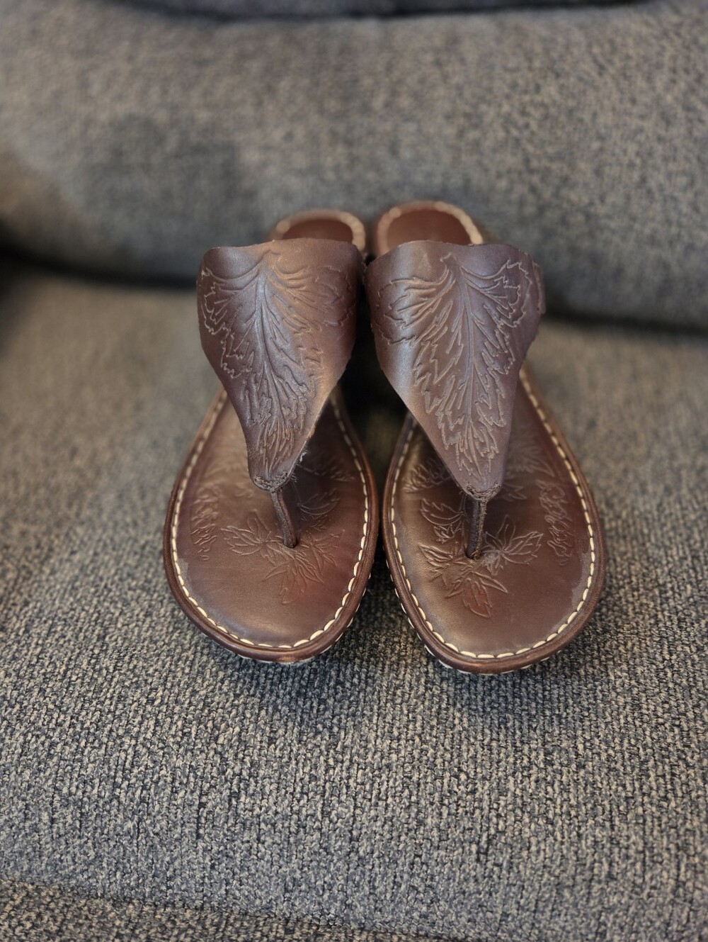 Born Women's Brown Leather Embossed Thong Sandals